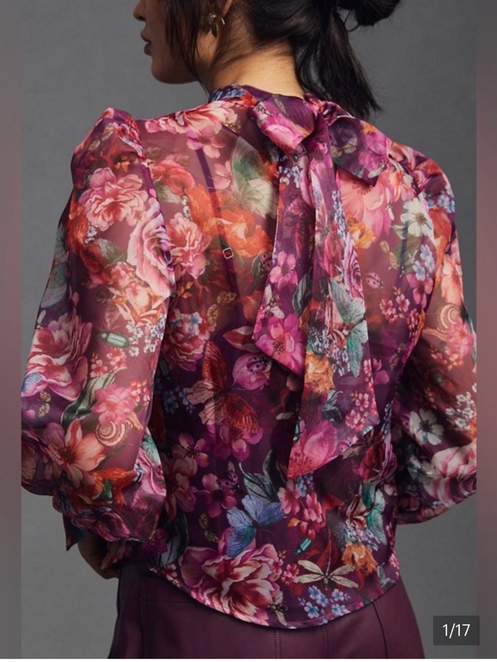 Anthropologie Sheer Floral Tie-Neck Blouse in Plum and Pink-
